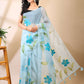 Tropical Tranquility- Sky Blue Hand-Painted Organza Saree