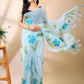 Tropical Tranquility- Sky Blue Hand-Painted Organza Saree