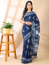 Indigo Grace - Handblock Linen Cotton Saree