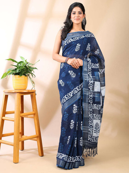 Indigo Grace - Handblock Linen Cotton Saree