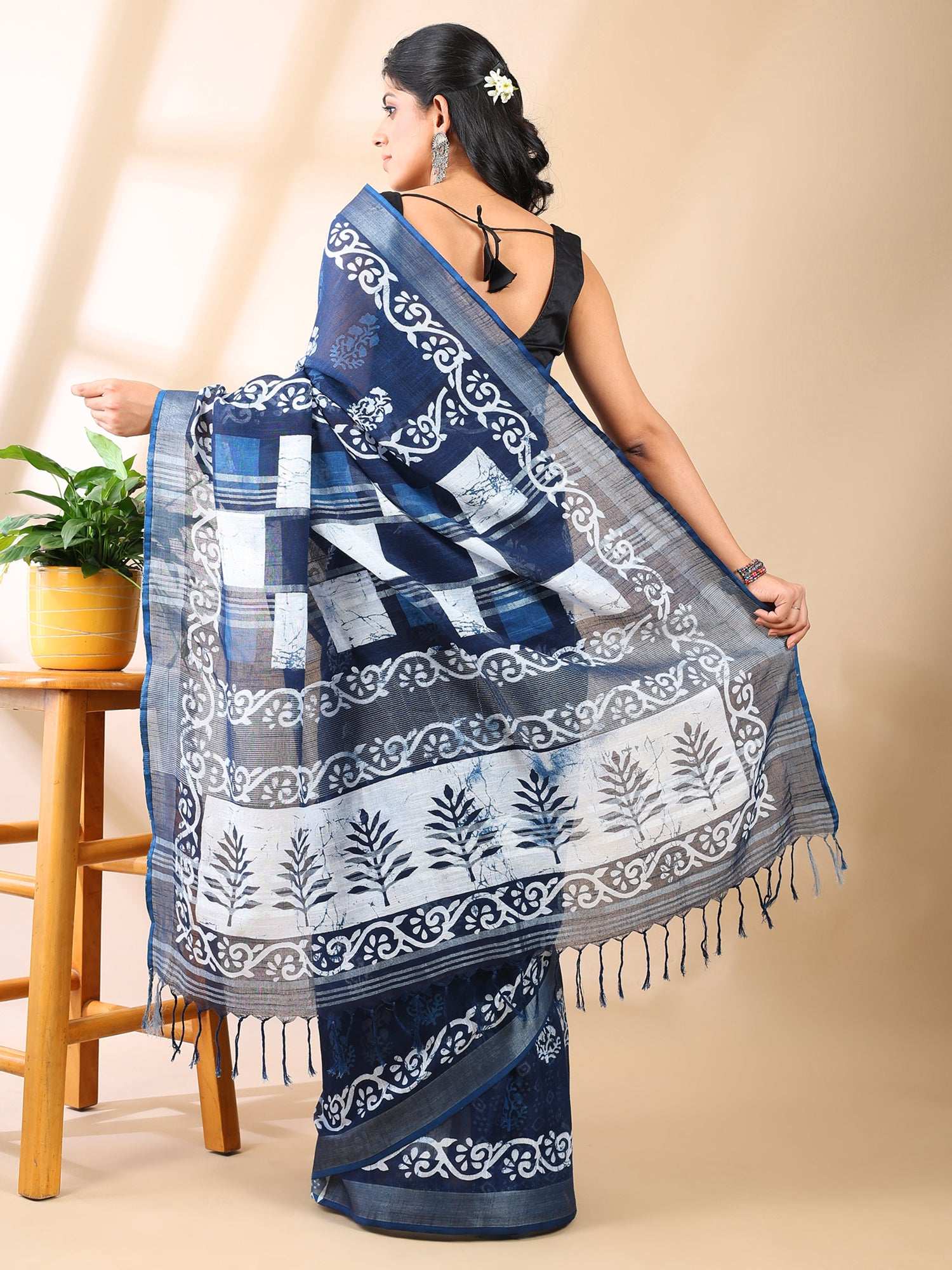 Indigo Grace - Handblock Linen Cotton Saree