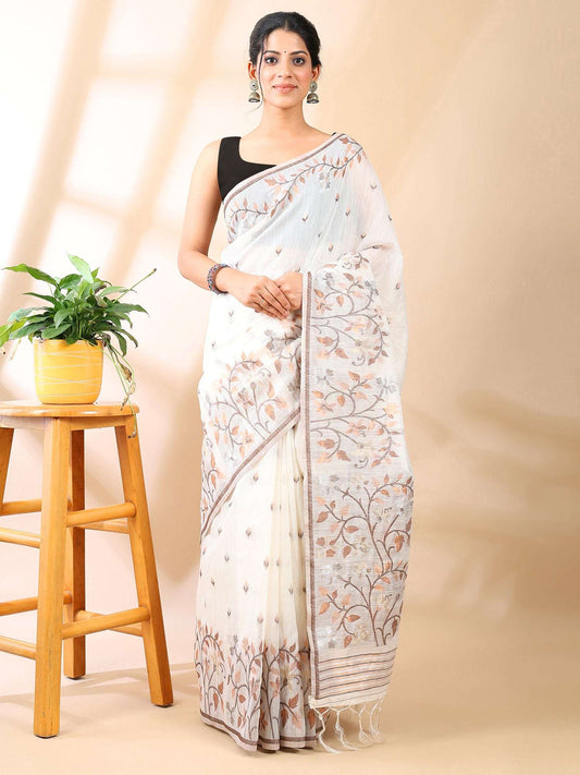 White & Beige Jamdani Cotton Saree