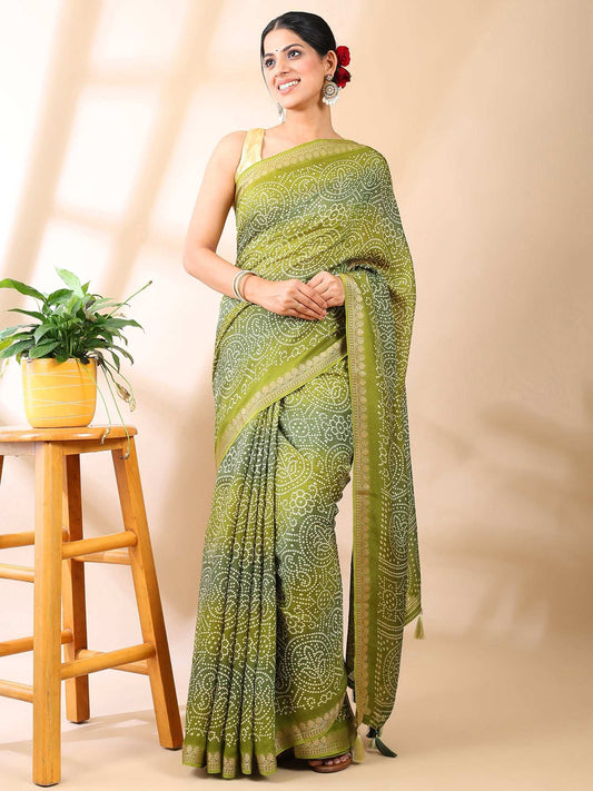 Olive Tapestry -  Bandhani Elegance Saree
