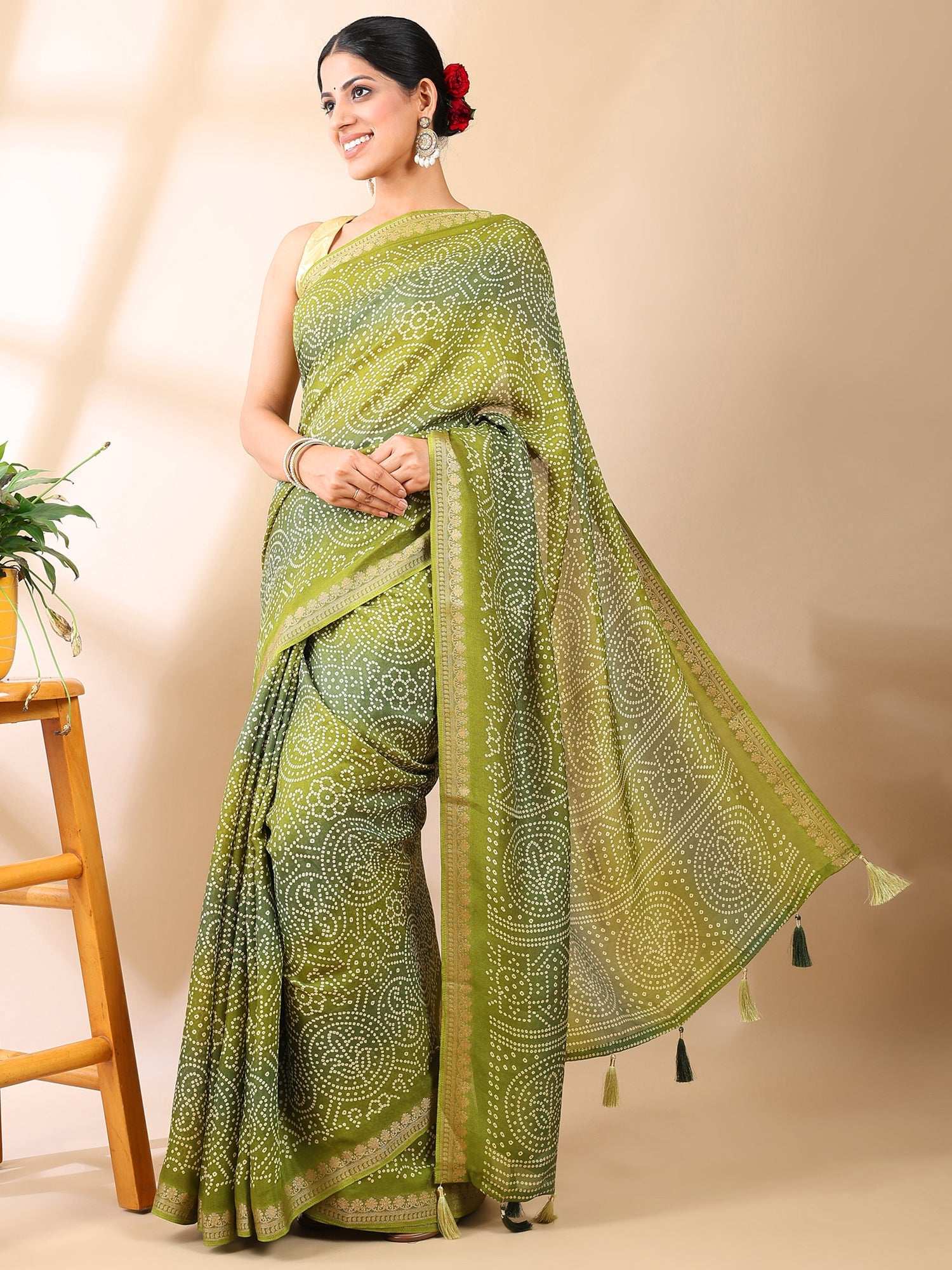 Olive Tapestry -  Bandhani Elegance Saree