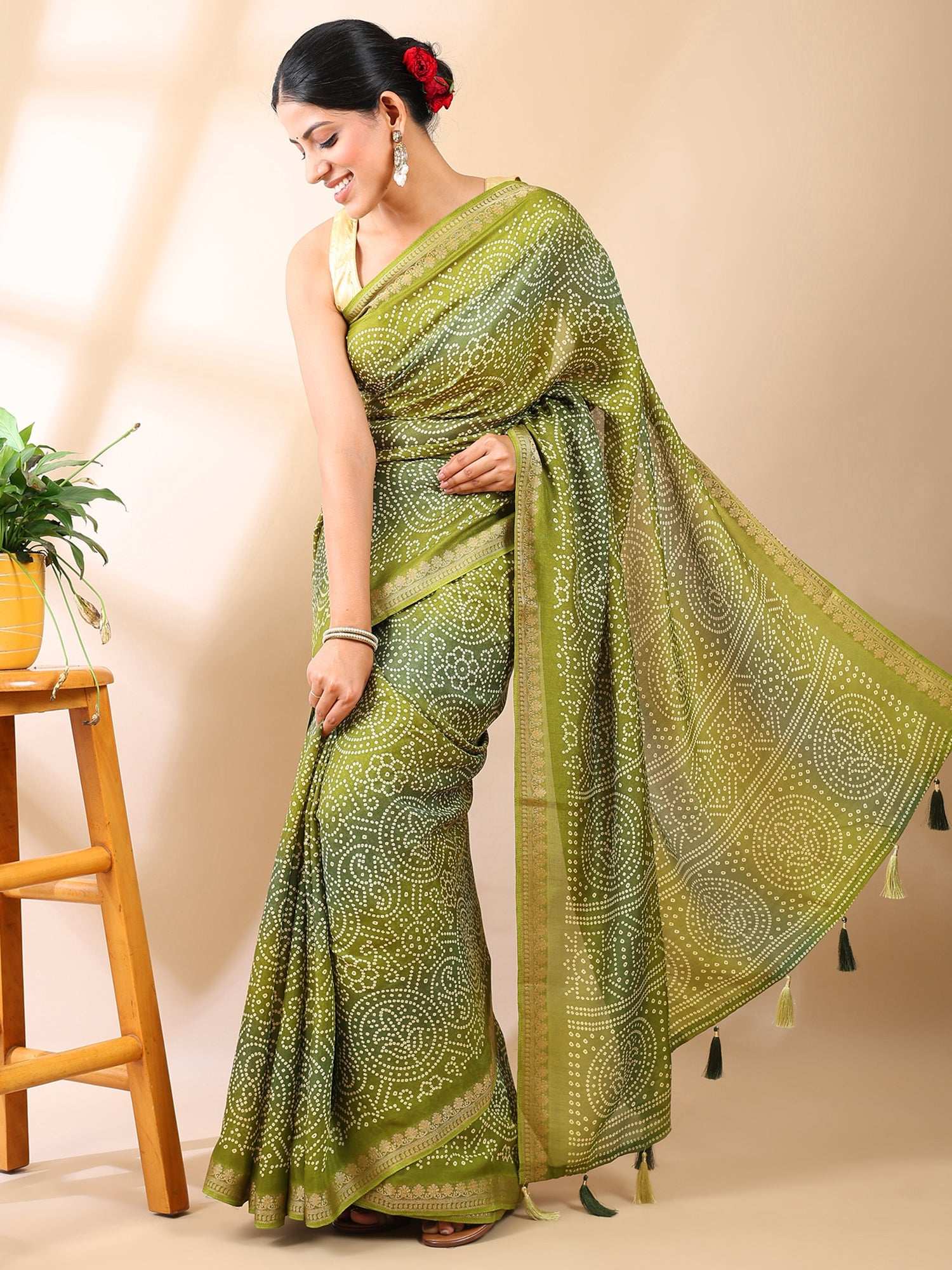 Olive Tapestry -  Bandhani Elegance Saree