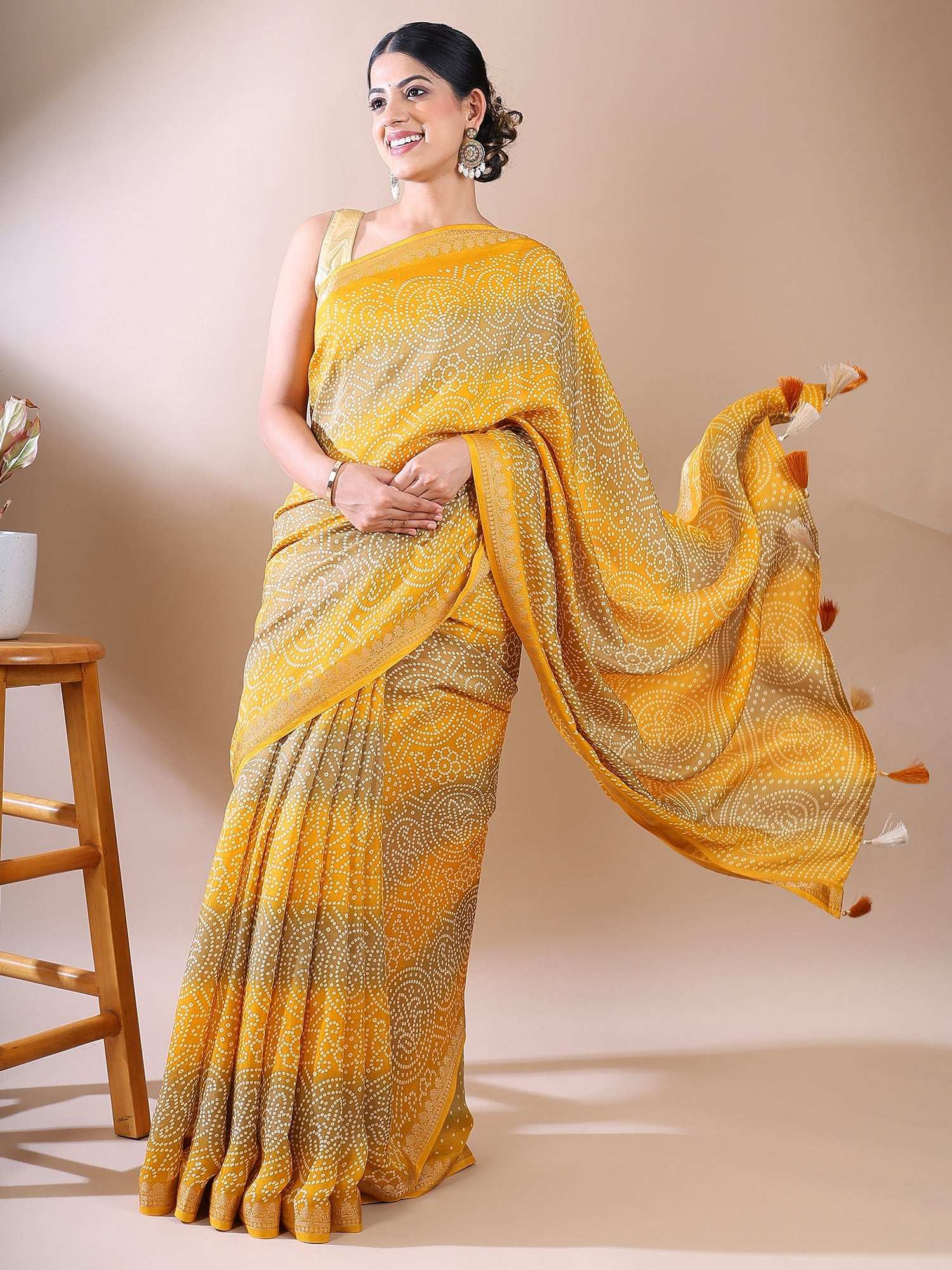 Classic Charm- Yellow Bandhani Georgette Silk Saree