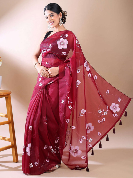 Elegant Bloom- Wine Purple Hand-Painted Organza Saree