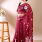 Elegant Bloom- Wine Purple Hand-Painted Organza Saree