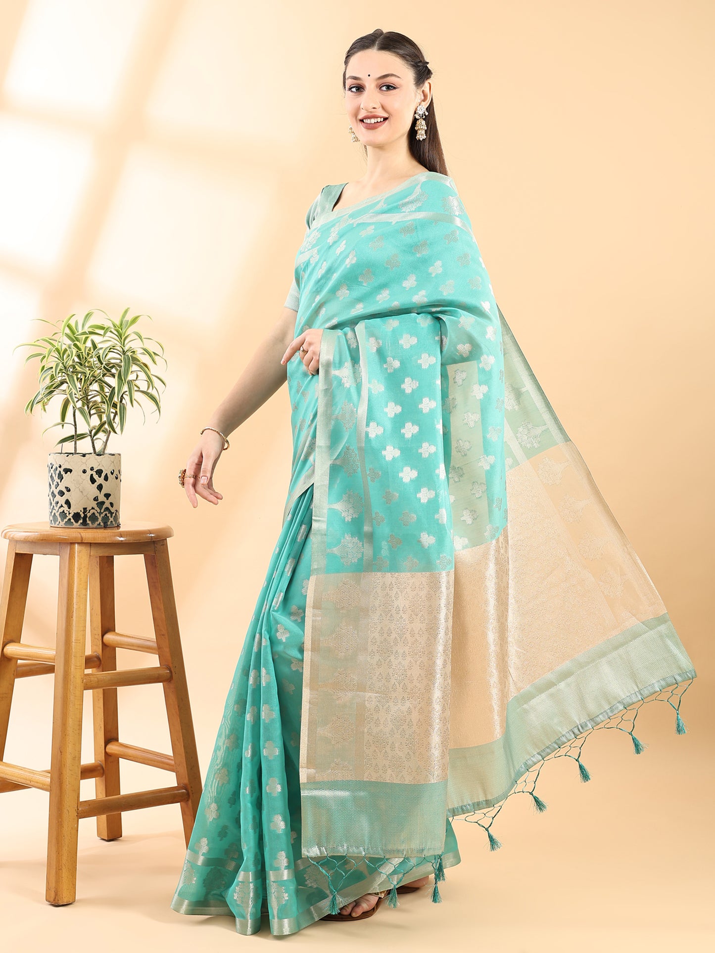 Rama Green Banarasi Chanderi Zari Woven Saree