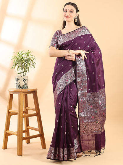 Purple Banarasi Chanderi Zari Floral Saree