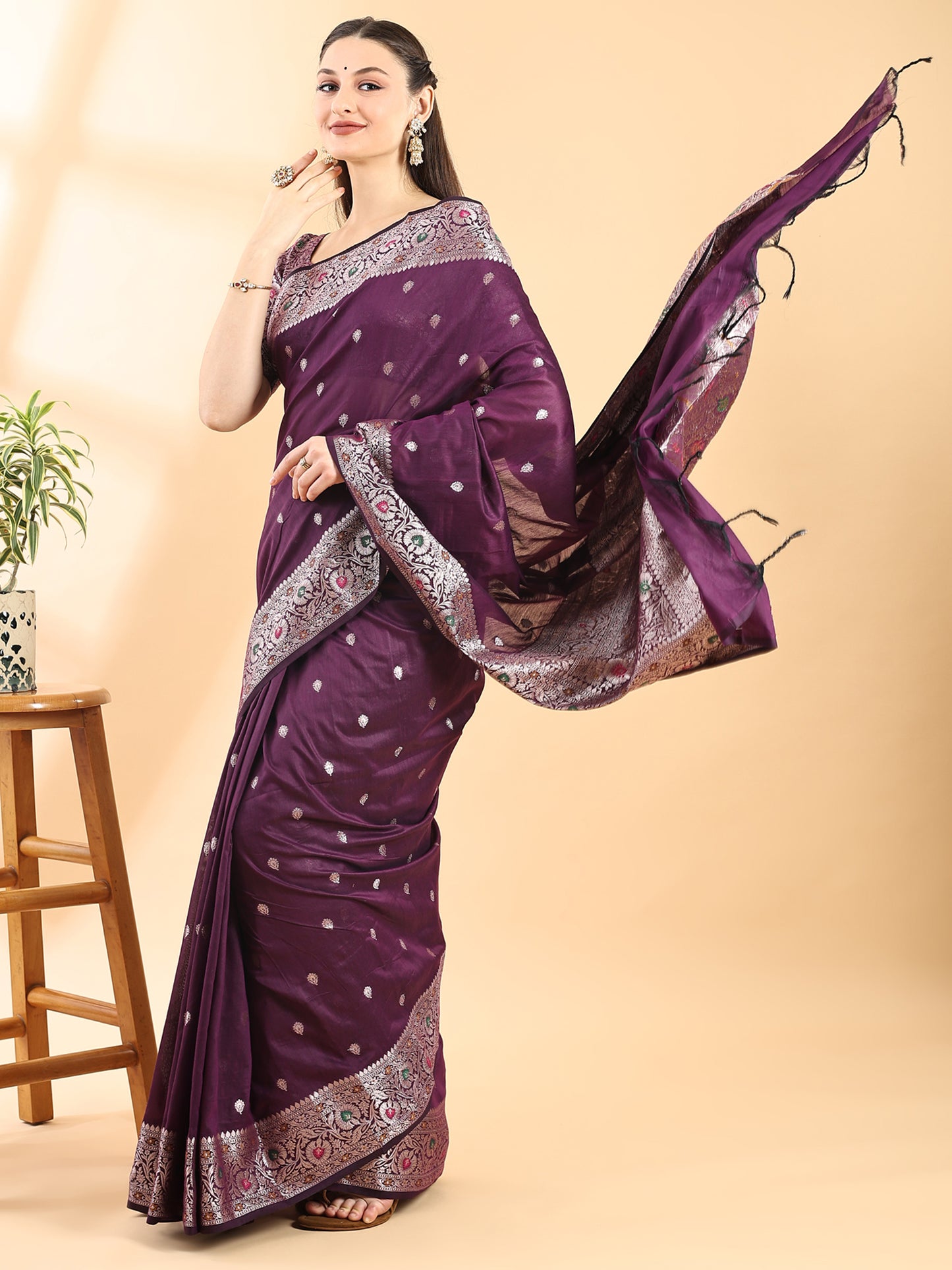 Purple Banarasi Chanderi Zari Floral Saree