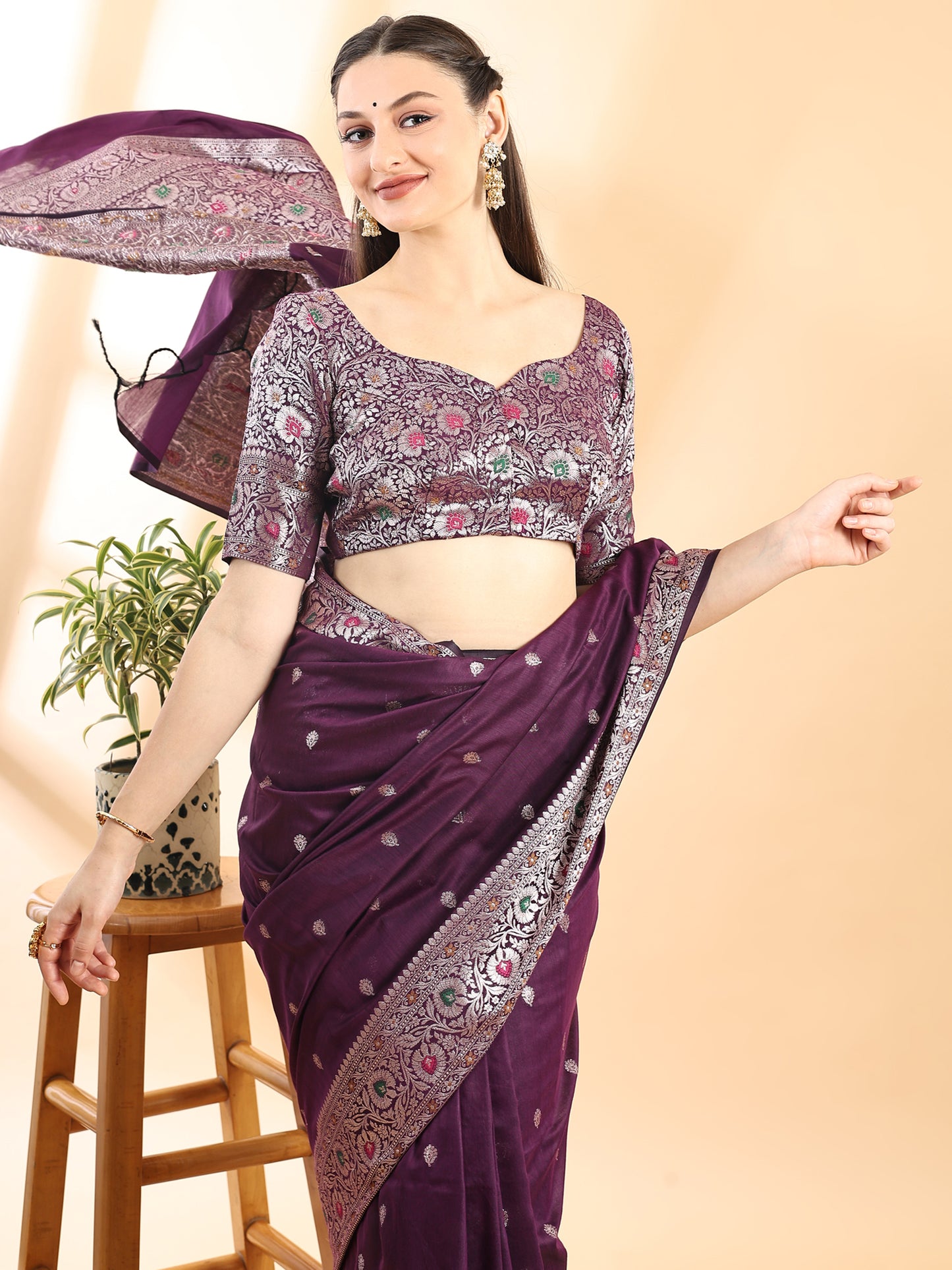 Purple Banarasi Chanderi Zari Floral Saree
