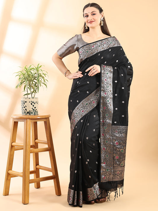 Black Banarasi Chanderi Meenakari Saree