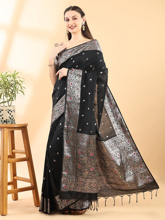 Black Banarasi Chanderi Meenakari Saree