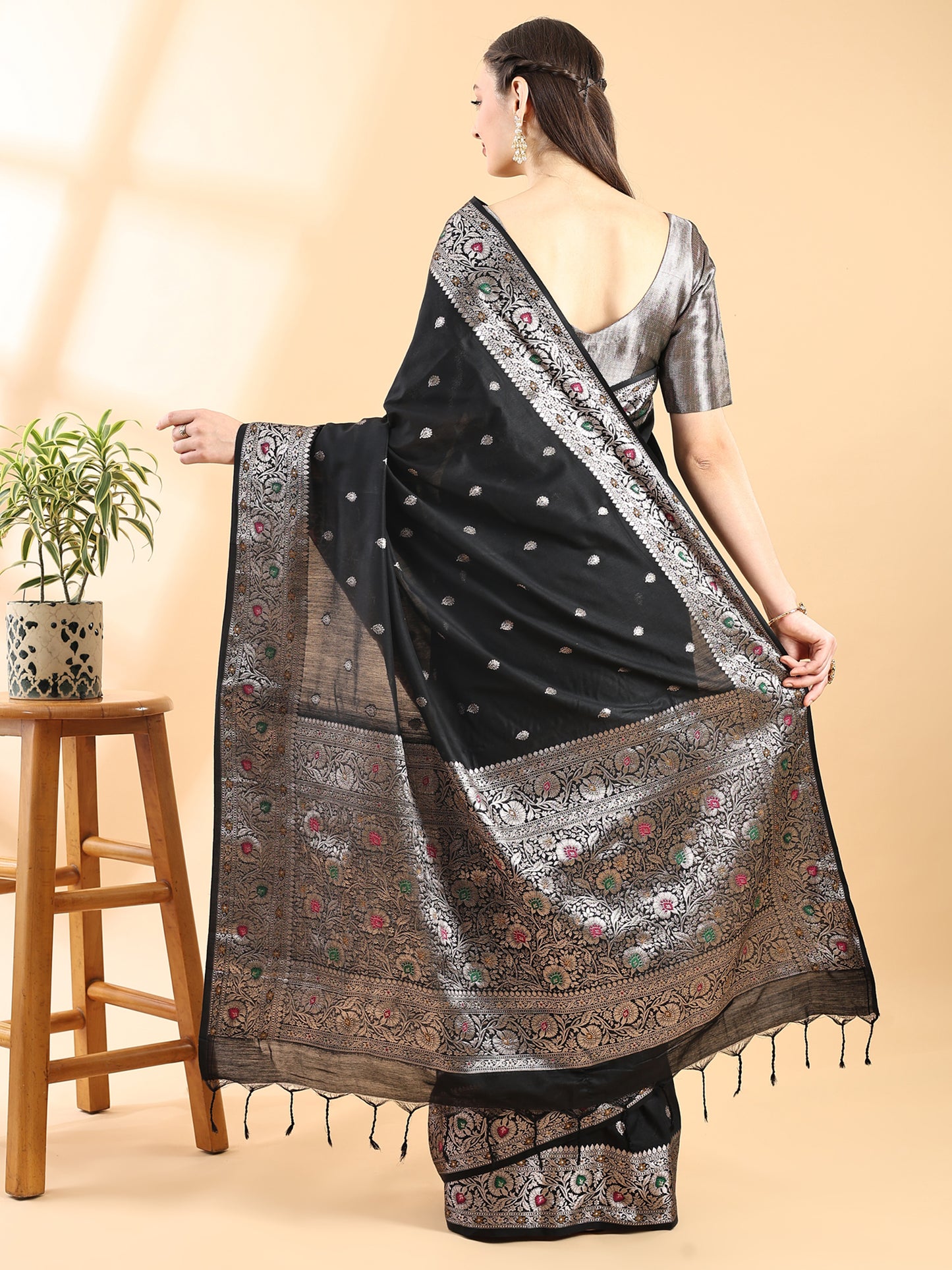 Black Banarasi Chanderi Meenakari Saree