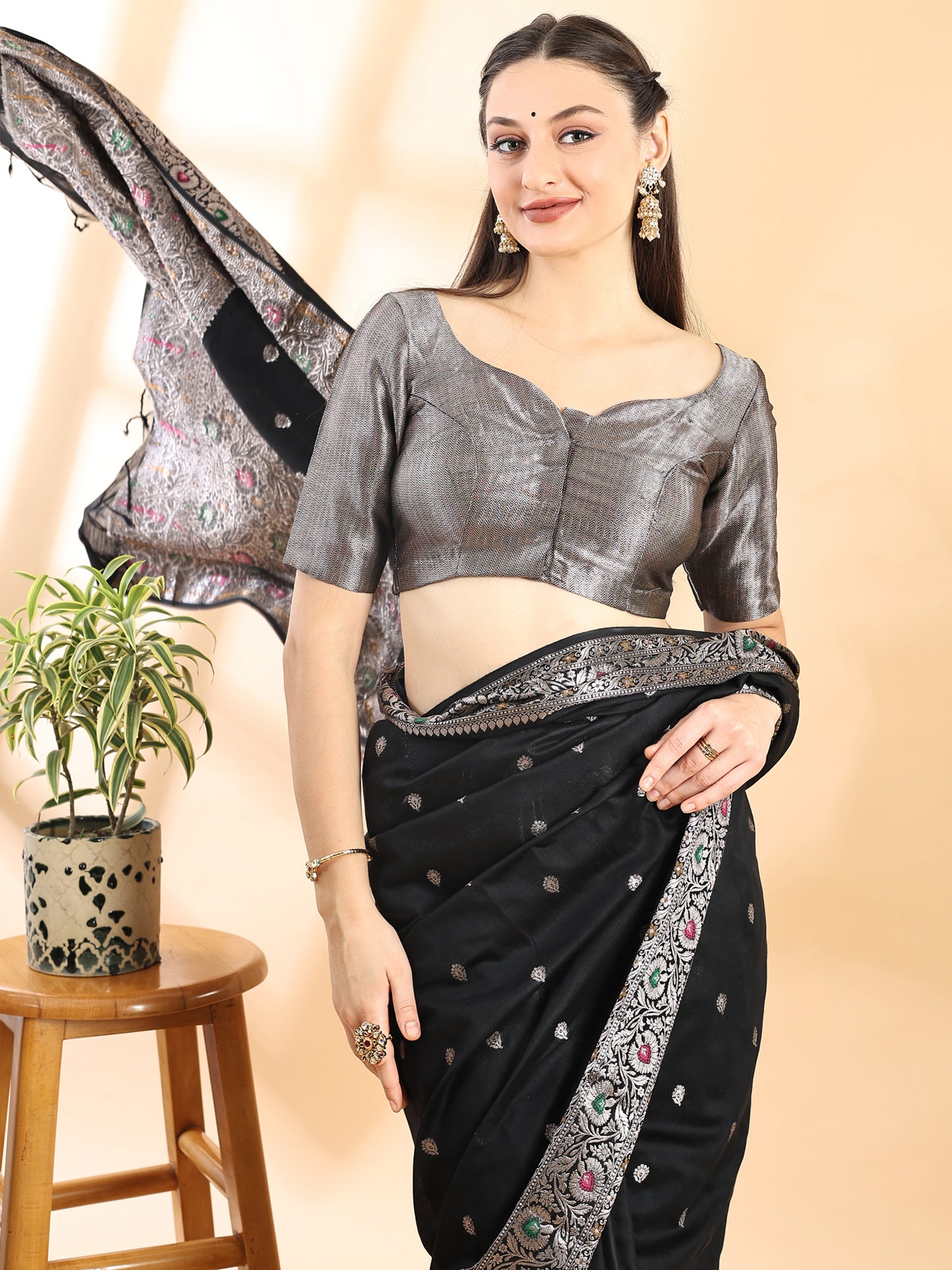 Black Banarasi Chanderi Meenakari Saree