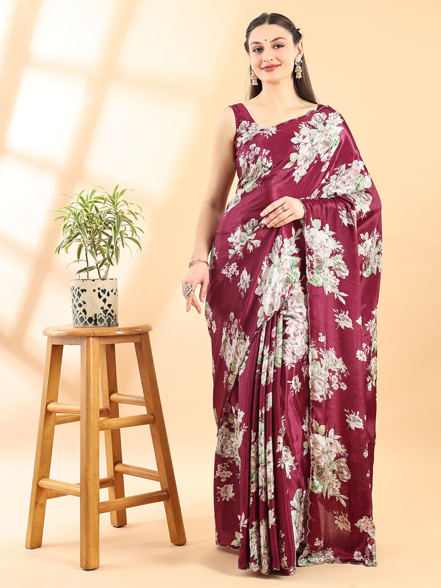 Wine Semi Crepe Floral Printed Saree