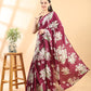 Wine Semi Crepe Floral Printed Saree