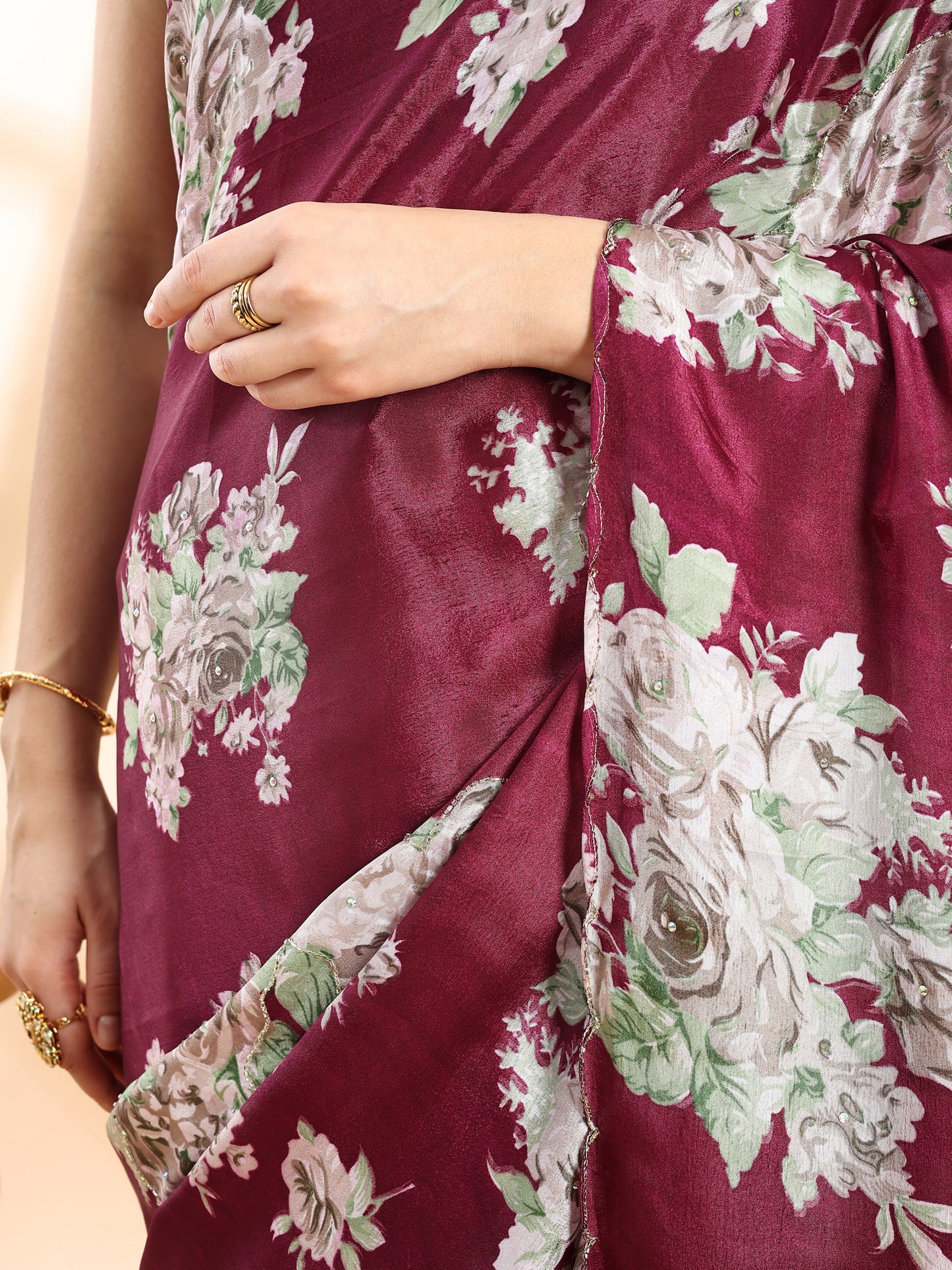 Wine Semi Crepe Floral Printed Saree