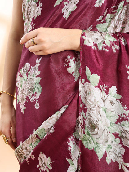 Wine Semi Crepe Floral Printed Saree