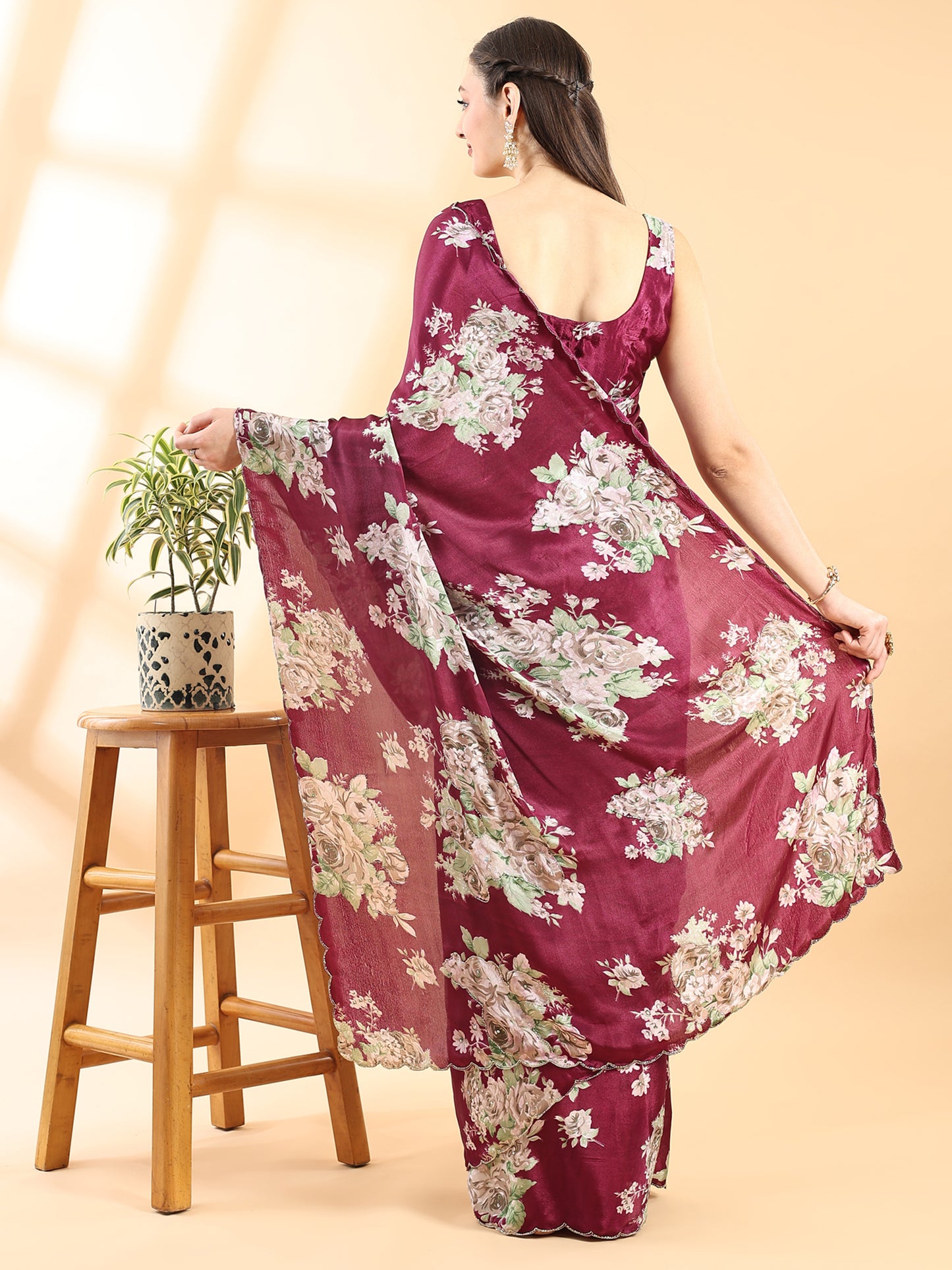 Wine Semi Crepe Floral Printed Saree