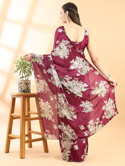 Wine Semi Crepe Floral Printed Saree