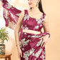 Wine Semi Crepe Floral Printed Saree