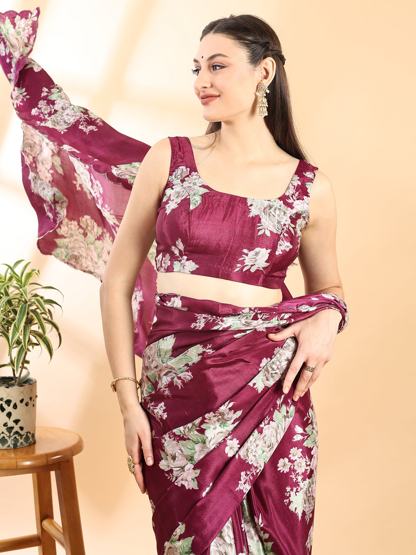 Wine Semi Crepe Floral Printed Saree