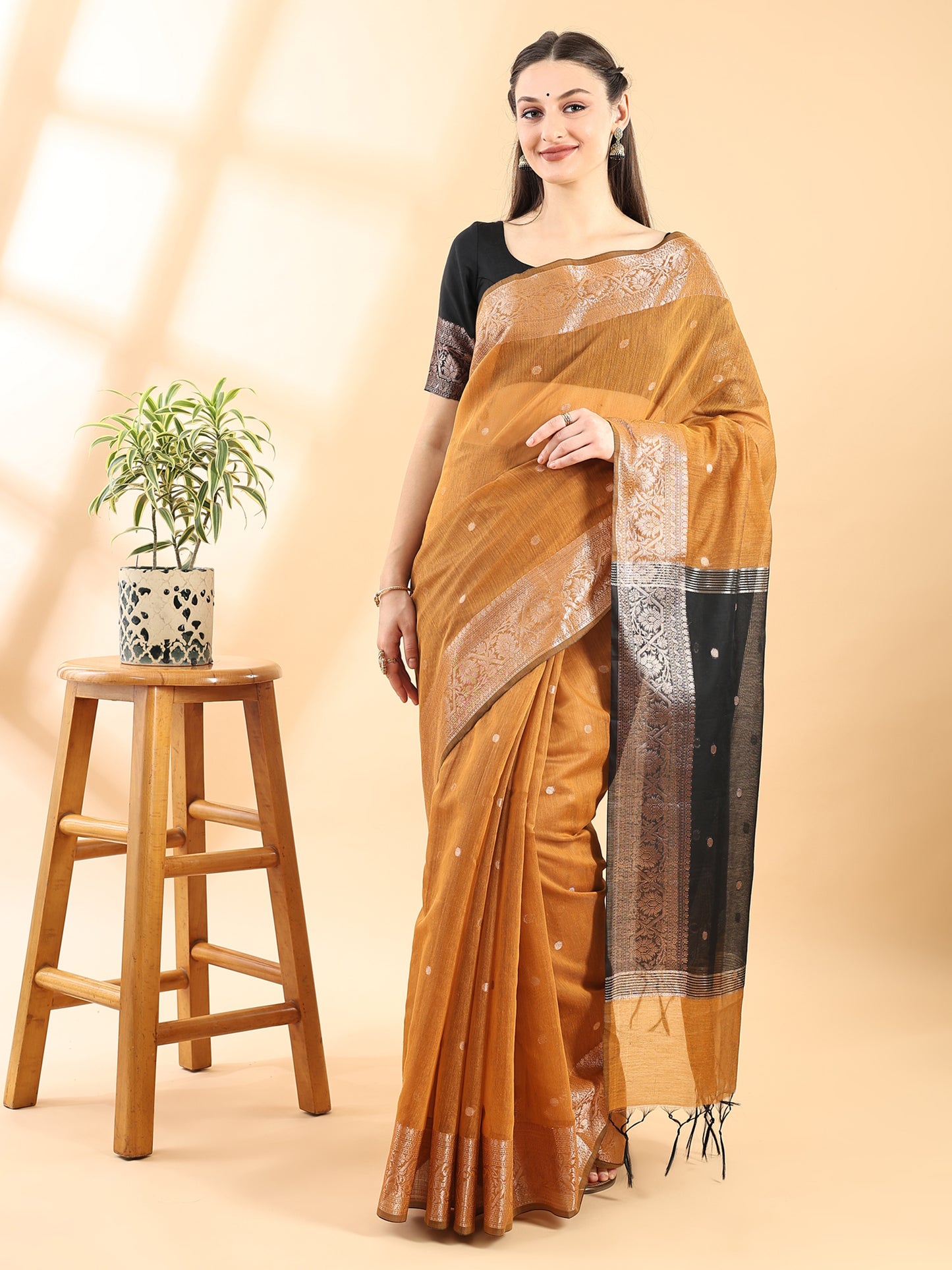 Mustard Chanderi Cotton Zari Woven Saree