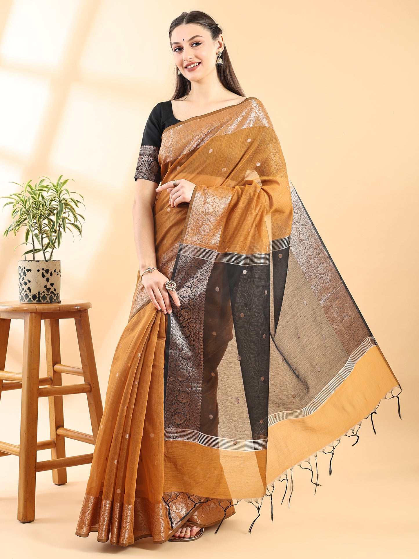 Mustard Chanderi Cotton Zari Woven Saree