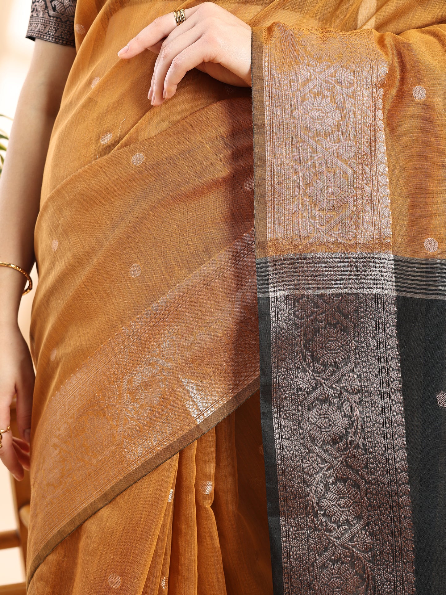 Mustard Chanderi Cotton Zari Woven Saree