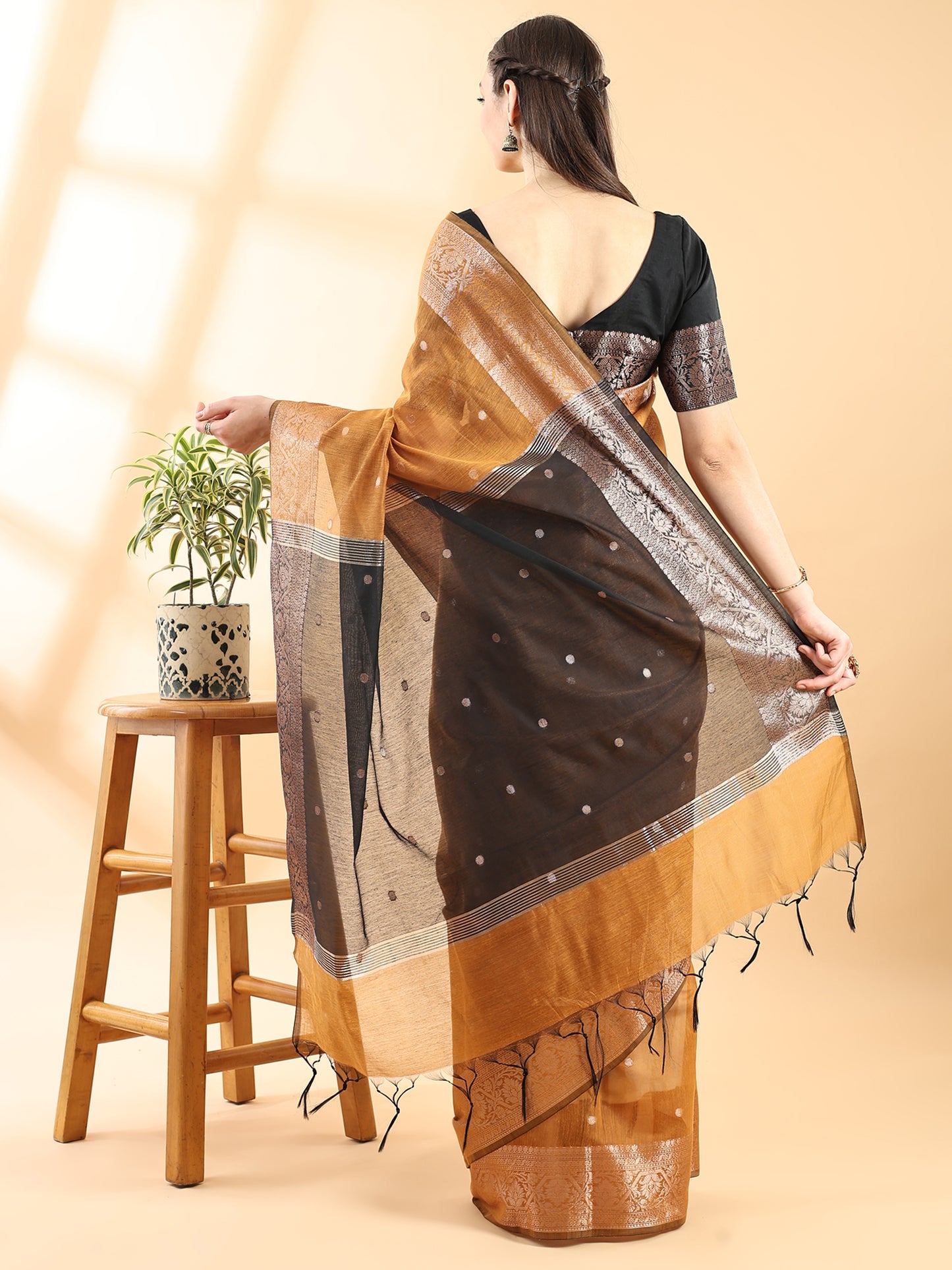 Mustard Chanderi Cotton Zari Woven Saree