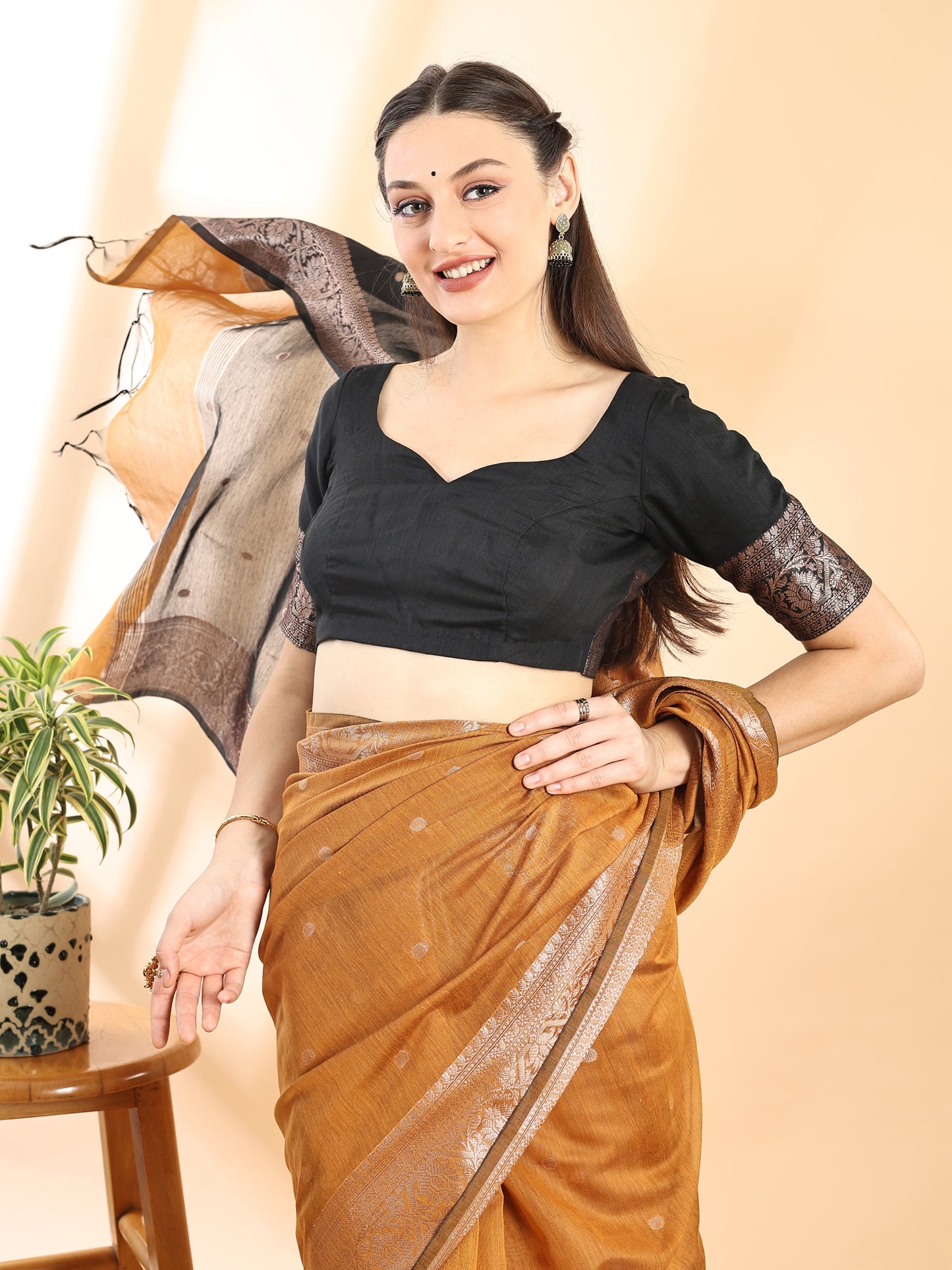 Mustard Chanderi Cotton Zari Woven Saree