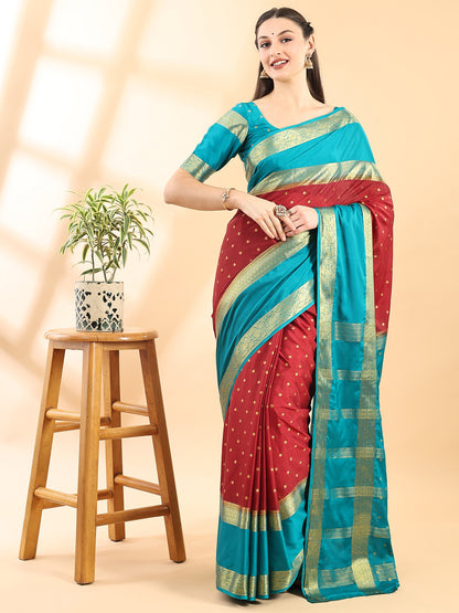 Maroon & Firozi Mysore Crepe Zari Woven Saree