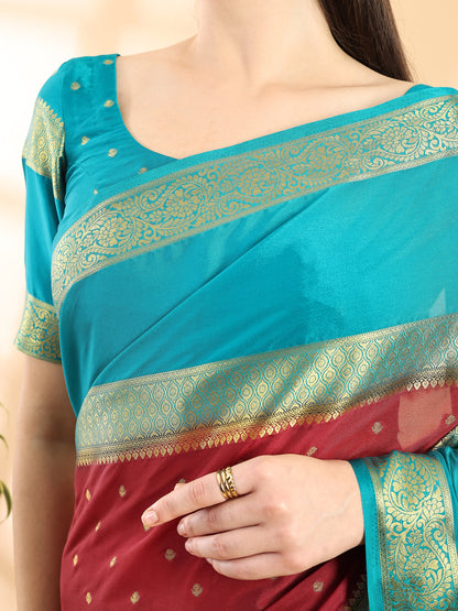 Maroon & Firozi Mysore Crepe Zari Woven Saree