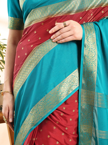 Maroon & Firozi Mysore Crepe Zari Woven Saree