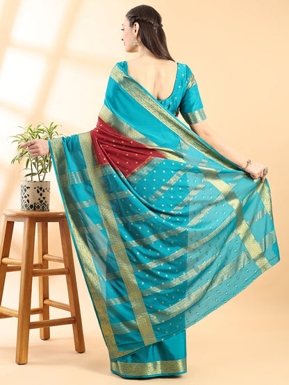 Maroon & Firozi Mysore Crepe Zari Woven Saree