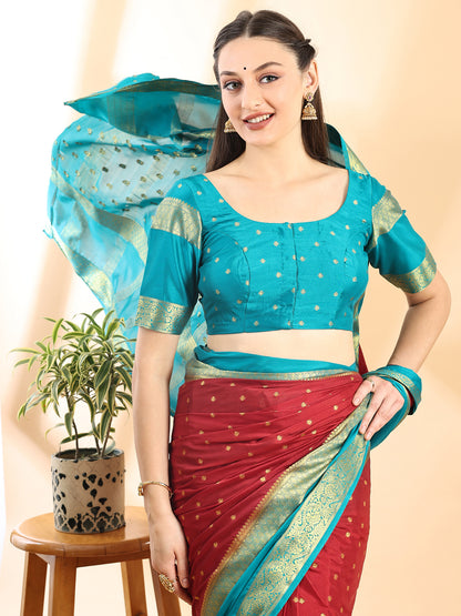 Maroon & Firozi Mysore Crepe Zari Woven Saree