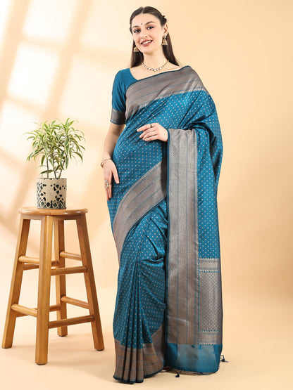 Teal Blue Banarasi Silk Zari Woven Saree