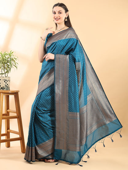 Teal Blue Banarasi Silk Zari Woven Saree