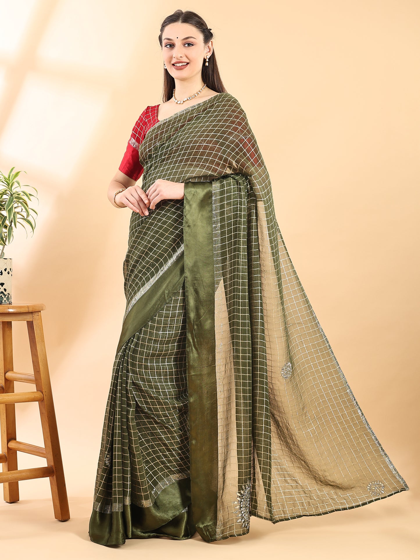 Green Checkered Pattern Georgette Saree