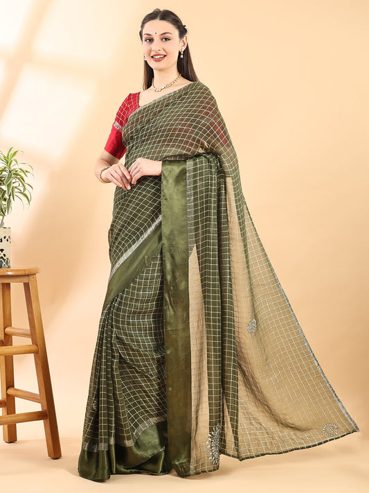 Green Checkered Pattern Georgette Saree