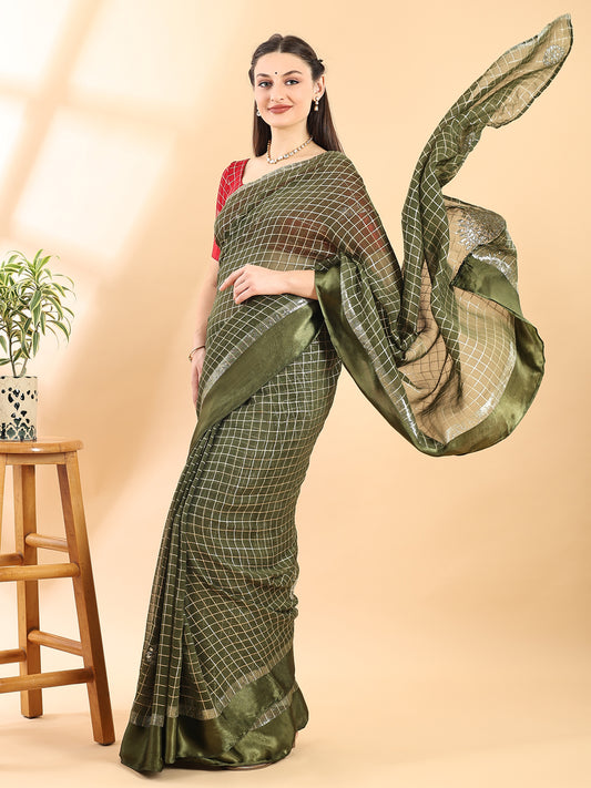 Green Checkered Pattern Georgette Saree