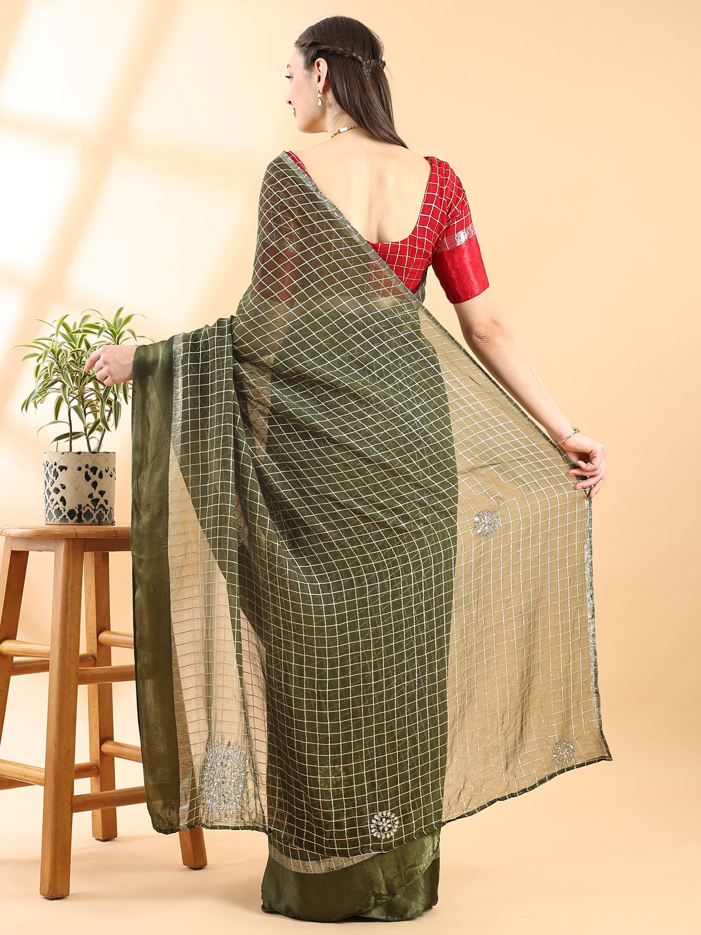Green Checkered Pattern Georgette Saree
