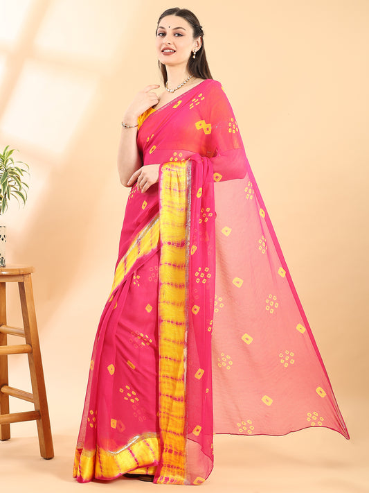 Deep pink Georgette Saree with Contrast Border and Chit Pallu