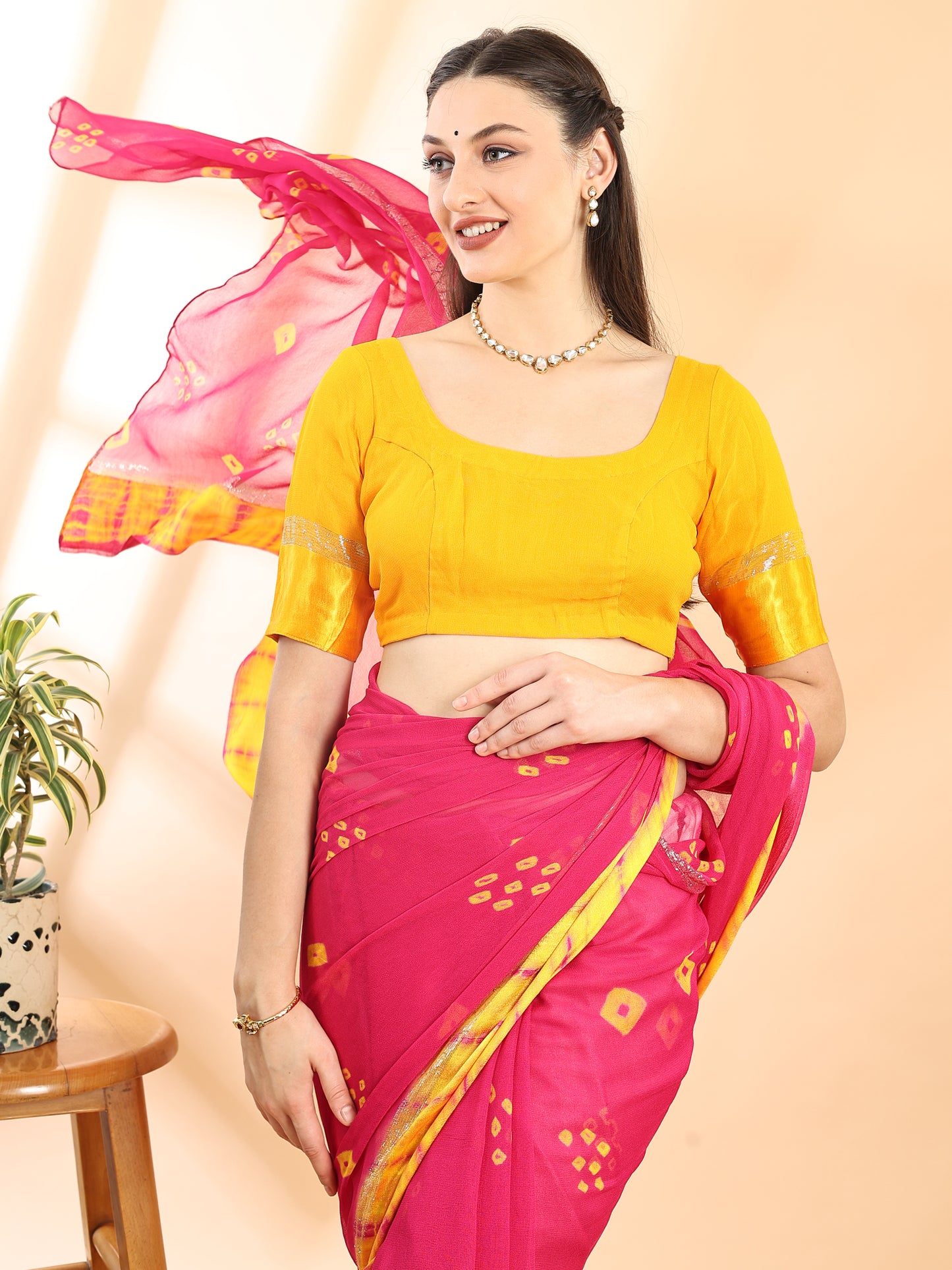 Deep pink Georgette Saree with Contrast Border and Chit Pallu