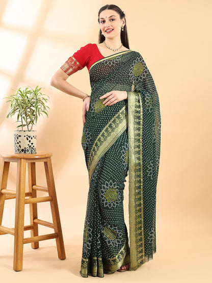 Green Georgette Bandhani Printed Saree