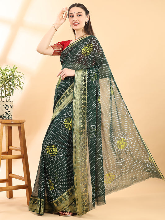 Green Georgette Saree with Bandhani Print, Zari Border and Chit Pallu