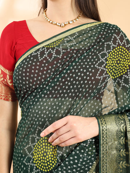 Green Georgette Bandhani Printed Saree