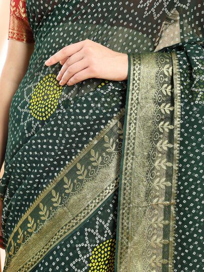 Green Georgette Bandhani Printed Saree